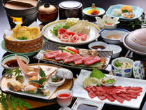 お肉が好き！という方へ！九州産和牛の陶板焼きをはじめ豚しゃぶや馬刺しなど肉料理中心のご夕食です。