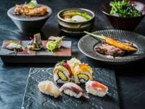 【夕食】SUSHI&GRILLコースA　当館のご夕食スタンダード！寿司と道産のお肉を使用しております。