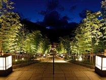 両サイドに竹林を植えた階段は長門湯本温泉の中心地にあり、夜になるとライトアップされます。
