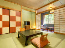 和室8畳のお部屋。当館のお部屋は、かべ紙とふすま紙の組み合わせが異なっております。