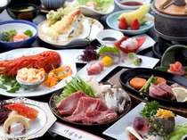 夕食一例。メインは佐賀県産牛の温泉湯豆腐しゃぶ、佐賀牛のステーキなど。