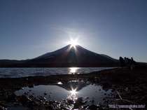【富士山・山中湖フォトギャラリー】　「水たまりに映ってダブルダイヤモンド富士」（2月上旬）