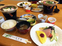 *【朝食一例】焼魚、納豆、湯豆腐などが並ぶ和朝食をご提供しております。
