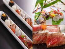 スタンダード会席は一口姫寿司、鳥取県産和牛のほか季節の料理