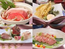 【春の花心会席】日本海鮮魚3種盛り、合鴨と青菜の卸しソース、春の天婦羅盛合わせ、奥出雲豚のトマト鍋等