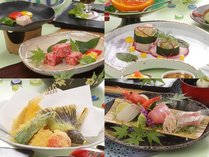 【夏の花舞会席】島根和牛ステーキ、白イカとズッキーニのバジルオイル、夏野菜の天婦羅、地魚鮮魚4種盛り