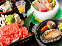 旨味たっぷりの牛肉、柔らかく豊かな食感の鮑！愛媛県産真鯛の鯛飯などこだわりの品々をご堪能ください♪