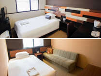 シングルルーム：16平米　　(1)140cm幅のベッド設置のお部屋　(2)110cm幅のベッドとソファ設置のお部屋