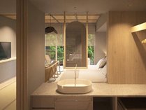【新コンセプトフロア「LAKA」－露天風呂付ツイン－】おしゃれなデザインの洗面スペース。